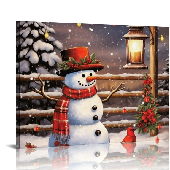 COMIO Christmas Canvas Wall Art with Wood Frames 16" x 12" Art Works Winter Poster Prints Farmhouse Snowman Hanging Wall Pictures Decoration for Holiday Living Room Bedroom Bathroom