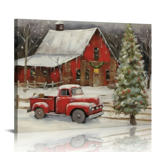 COMIO  Christmas Farmyard Canvas Wall Art Print - Old Barn, Truck, Cardinals, Tree and Lights in Snow - Rustic Holiday Home Decor Artwork