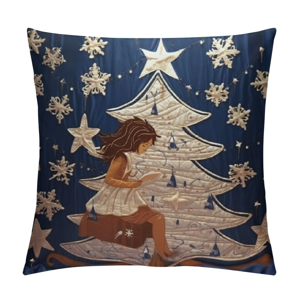 COMIO Christmas Pillow Covers, Ocean Starfish Seashell Trees Navy Blue