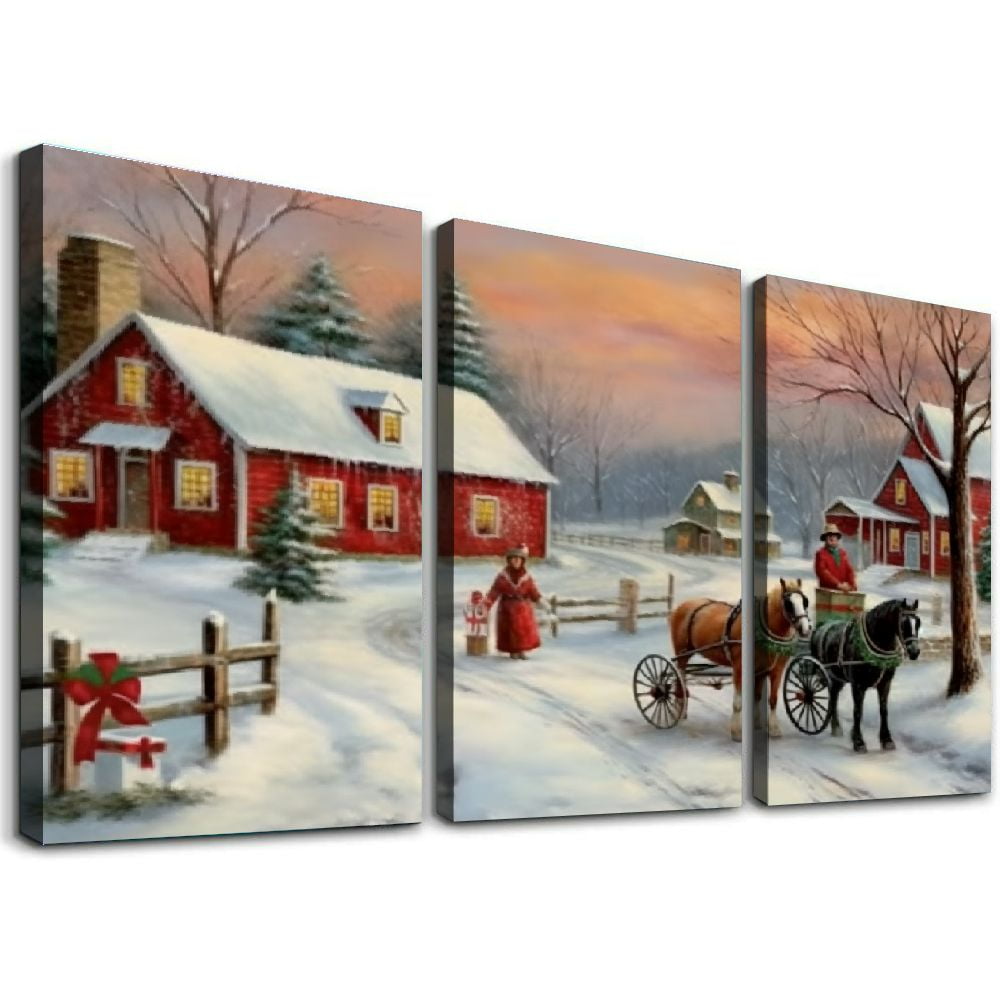 COMIO Christmas Tree Farm Wall Art, Country Winter Scene with Red Barn