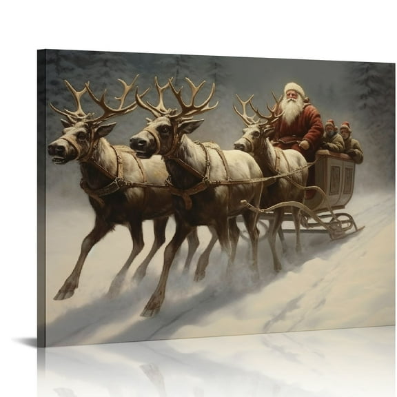 COMIO Christmas Wall Art Home Decor Santa Claus Reindeer with Sleigh Poster Canvas Print Christmas Tree Pictures Winter Wall Decor Gallery Living Room Bathroom Room Aesthetic
