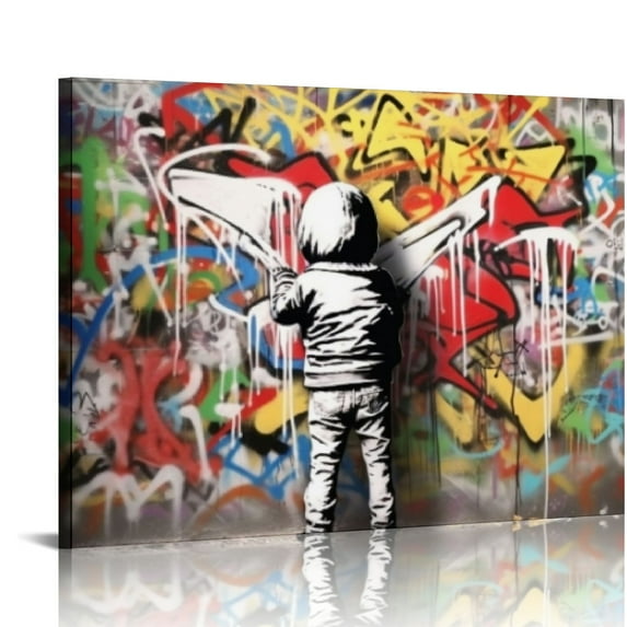 COMIO Colorful Graffiti Banksy Canvas Wall Art Poster Prints A Kid Boy Behind The Curtain Picture Artwork Abstract Street Graffiti Art Wall Decor Bedroom Living Room Kitchen Office