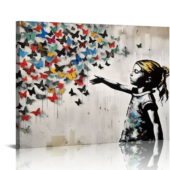 COMIO Colorful Graffiti Street Canvas Wall Art Funny Butterfly Banksy Street Art Mural Pop Art Modern Home Office Wall Decor Framed Canvas Wall Art Decor for Study Room Walls Easy to Hang