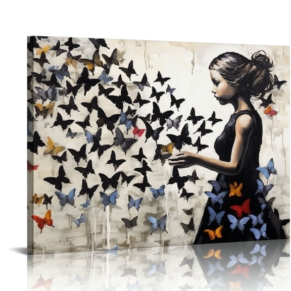 COMIO Colorful Graffiti Street Canvas Wall Art Funny Butterfly Banksy Street Art Mural Pop Art Modern Home Office Wall Decor Framed Canvas Wall Art Decor for Study Room Walls 20x16 inch