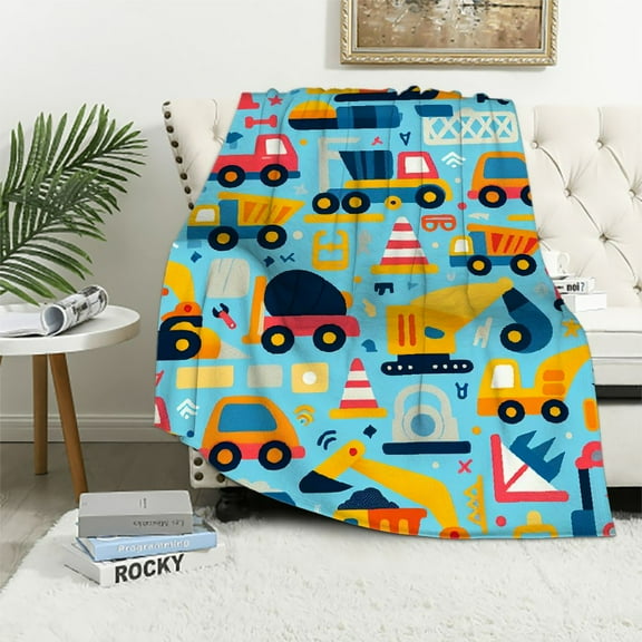 COMIO Construction Vehicles Blanket, Trucks Blanket with Vibrant Colors, Cute Vehicles Throw Blanket for Bed Sofa, Trucks Cars Printed Blanket