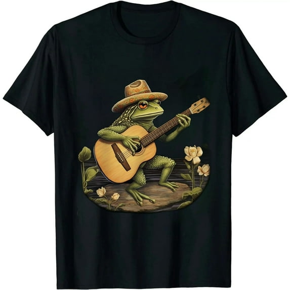 COMIO Cottagecore Aesthetic Frog Shirt Playing Banjo On Log Women Graphic Tee Shirts Cute Cottage Core Clothing T-Shirt