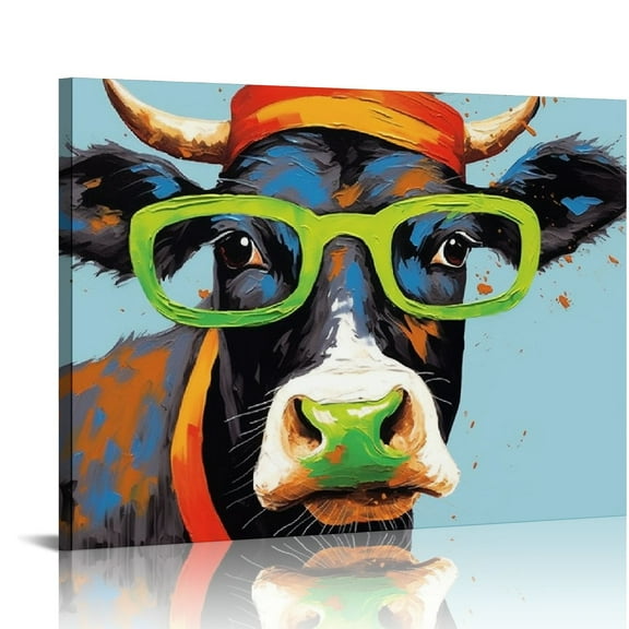COMIO Cow Print Bathroom Farmhouse Decor: Colorful Curious Cow with Large Green Glasses Canvas Wall Art Farm Animal Painting Kids Room Decor Framed for Bedroom Ready to Hang 16"x12"