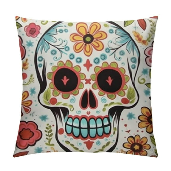 COMIO  Cushion Covers Colorful Skull with Floral Ornament Hand Drawn Square Soft,Pillow Cases Decor for Couch Bedroom Sofa Living.