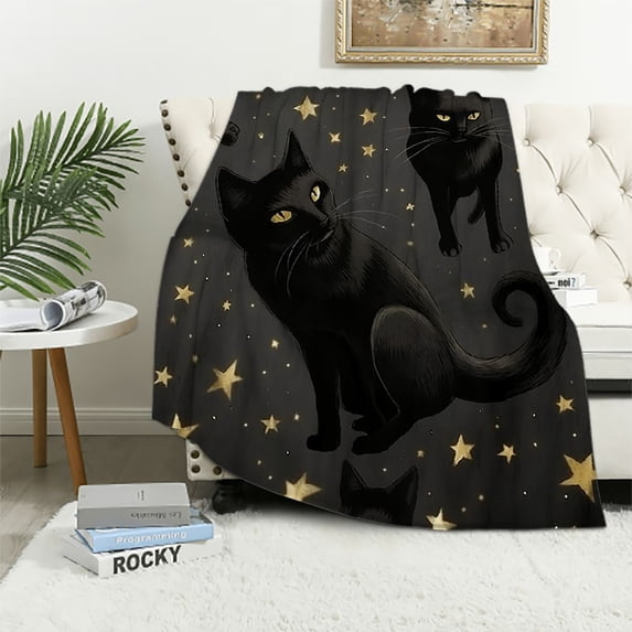 COMIO Cute Black Cats Blanket Gifts for Cat Lovers Girl, Halloween Throw Stars Plush Moon Blankets for Girls Women Lightweight Flannel Christmas Bedding for Chair Couch Bed Gift for Kids
