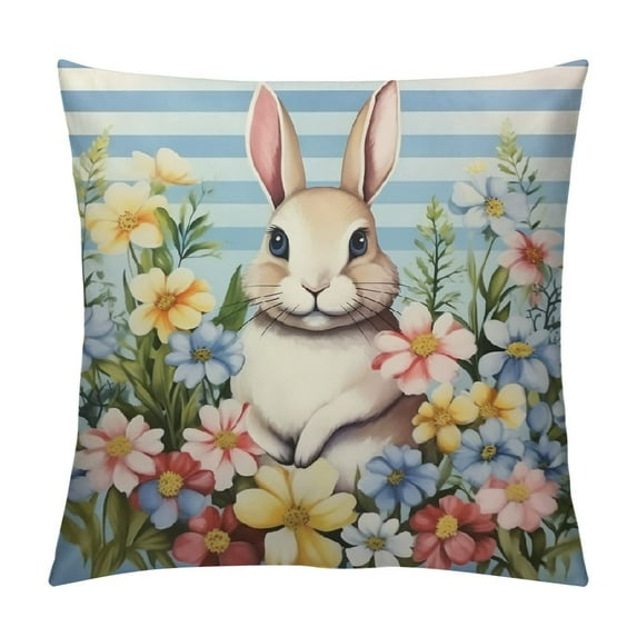COMIO Cute Bunny Easter Pillow Covers Egg Rabbit Floral Decorative Throw Pillows Covers Blue and White Striped Pillow Covers Spring Home Decor for Couch Bed