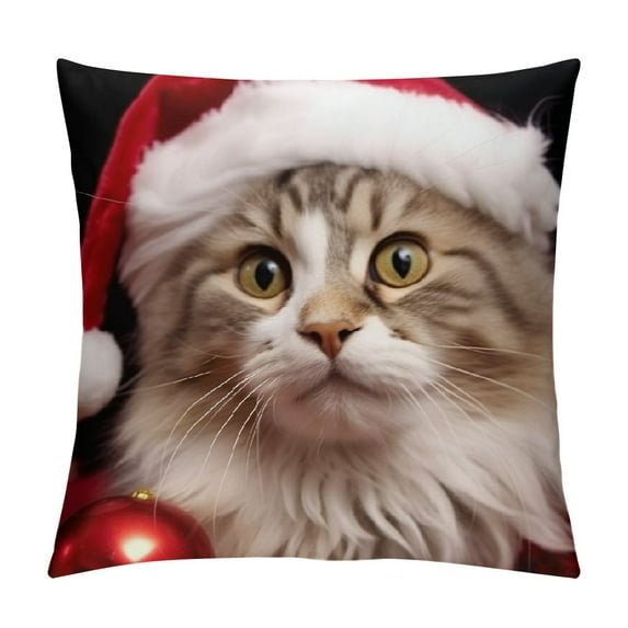 COMIO Cute Cat Throw Pillow Cover Christmas Animal Cat with Red Santa's Hat Xmas Tree Gift Winter Kitty Pillowcase Sofa Decor Square Cushion