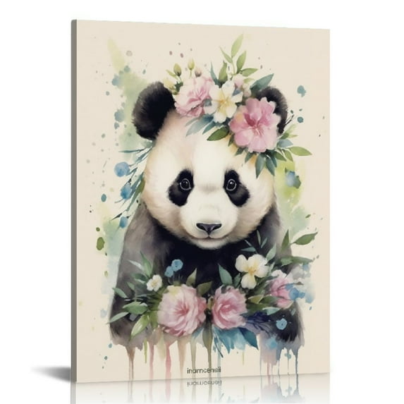 COMIO Cute Panda Canvas Print Wall Art for Kids Room, Watercolor Animal Panda Portrait Picture Paintings Vintage Framed Artwork for Bathroom Bedroom Living room Office Wall Decor