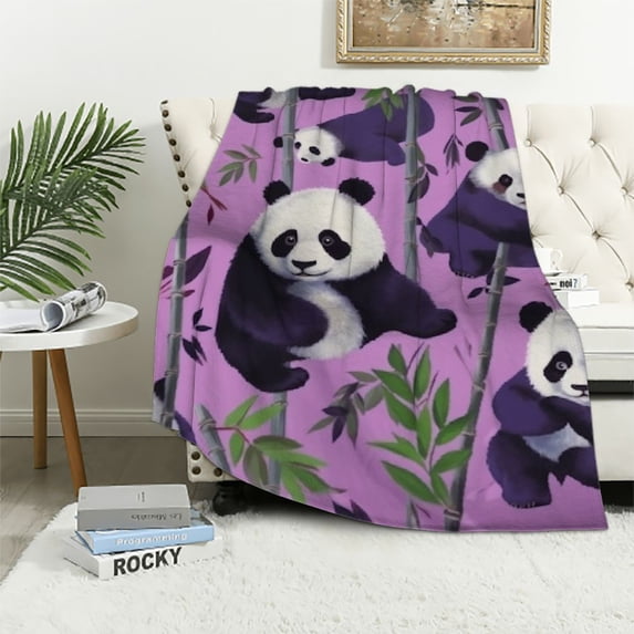 COMIO Cute Pandas on Purple Flannel Throw Blanket Living Room/Bedroom/Sofa Couch Warm Soft Bed Blanket for Kids Adults All Season