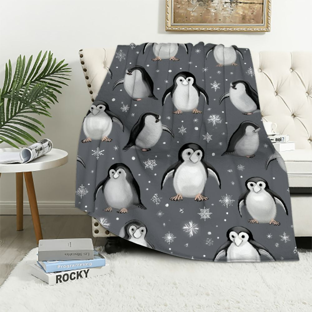 COMIO Cute Penguin Grey Flannel Throw Blanket Gifts Warm Cozy Soft ...