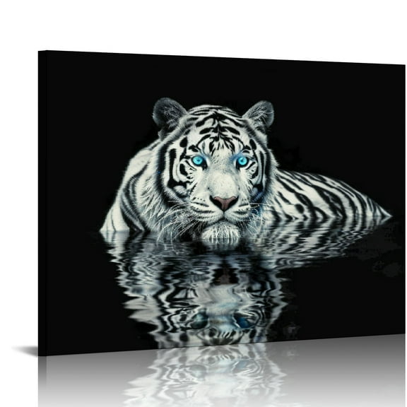 COMIO  D01350 Black & White Tiger Canvas Wall Art Wild Animal Print Picture 1 Panel Blue Eyed Tiger Painting Artwork for Kitchen Office Home Wall Decor Stretched and Framed Ready to Hang