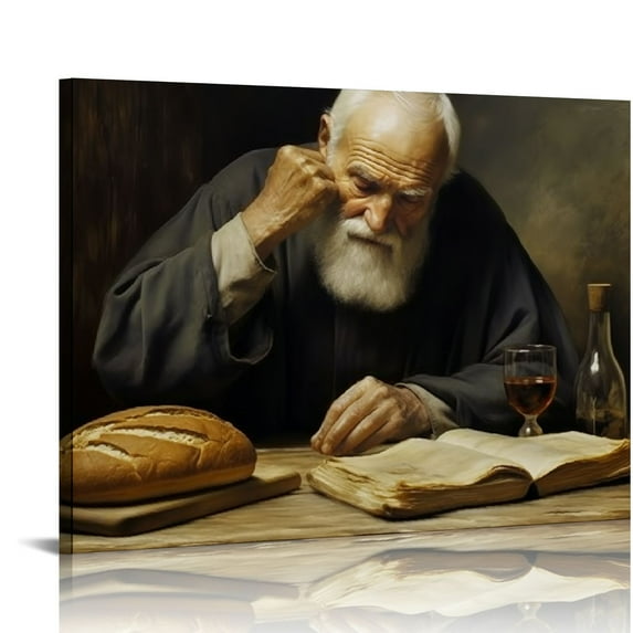 COMIO Daily Bread Man Praying At Dinner Religious Hand-Stretched Poster Canvas Print Wall Art Modern Classroom Bedroom Room Aesthetics Decoration Boys Women Gift (Framed)