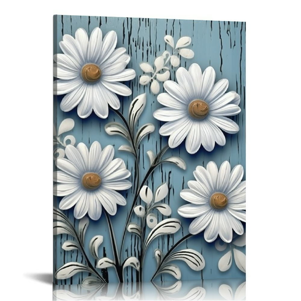 COMIO Daisy Canvas Wall Art Rustic Blue White Flower Painting Picture ...