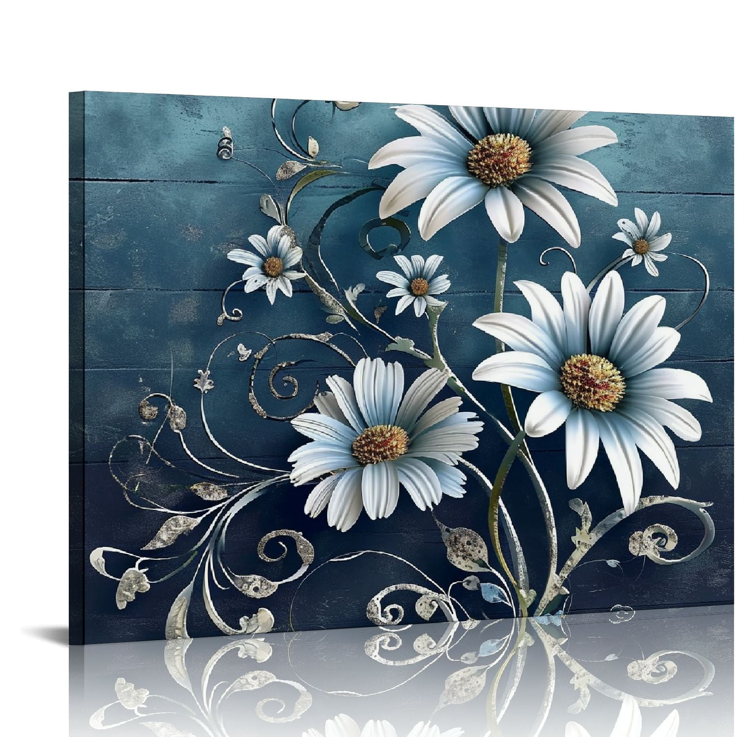 COMIO Daisy Canvas Wall Art Rustic Blue White Flower Painting Picture ...