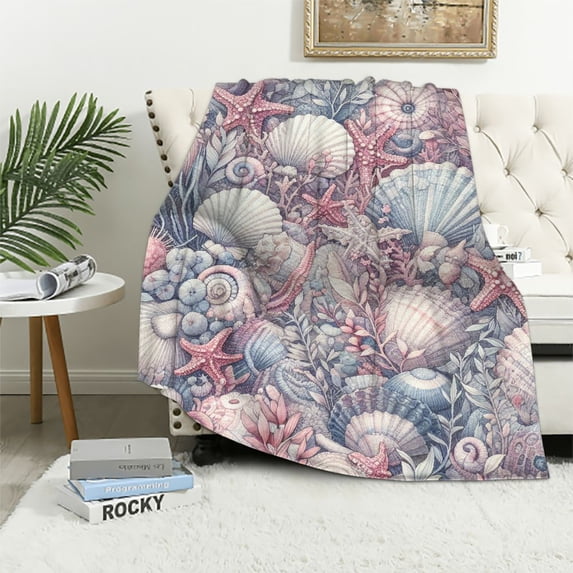 COMIO Decorative Ocean Throw Blanket: Coastal Sea Life Jelly Fish Coral Starfish Shells Accent for Couch or Bed, Colors: Purple Aqua White (Ivory Coast)