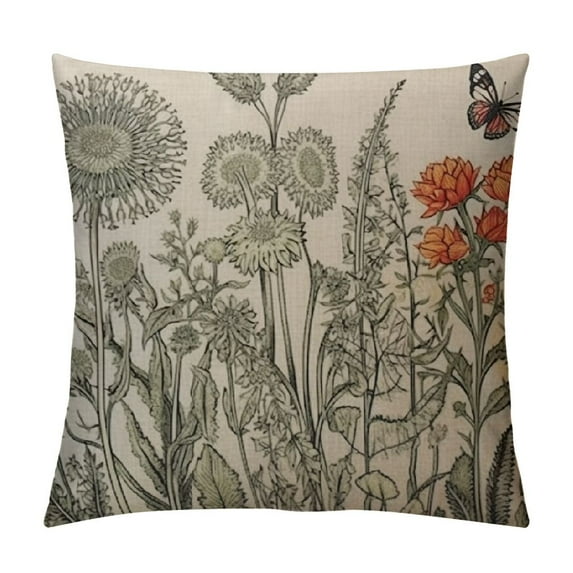 COMIO Decorative Pillow Cover Line Pattern Wildflowers Insects Insect Black White Doodle Wild Flowers Bees Contour Butterflies Throw Pillow Cover Square Cushion Case for Couch Bed Car