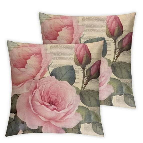 COMIO  Decorative Romantic Rose Flower Pillow Cover Vintage Shabby Chic Peach Pink Rose Floral Cushion Cover Square Pillowcase for Sofa Bedroom Car Set of 2 (Pink Rose)