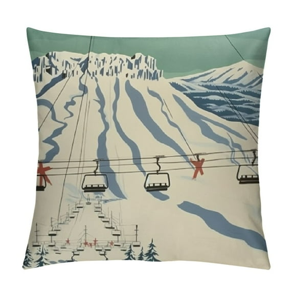 COMIO Decorative Throw Lumbar Pillow Covers Cushion Case Winter Mountain Landscape Ski Lift Sports Retro Play Recreation Sportsman Hobby Vintage 50S Skier Pillowcase for Couch Sofa Bed