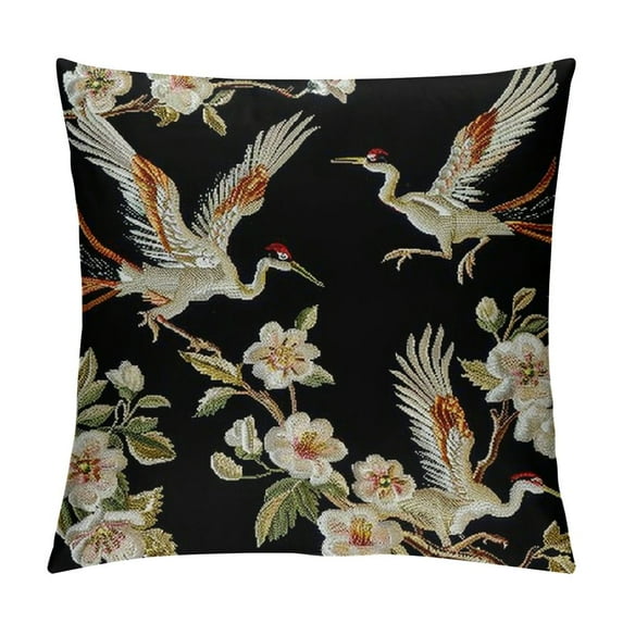 COMIO Decorative Throw Pillow Covers White Cranes Asian Birds Flowers Black Square Pillow Cases for Couch Sofa Bed