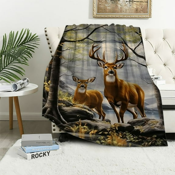 COMIO Deer Camo Throw Blanket Cozy Plush Camouflage Hunting Forest Flannel Ultra Soft Blankets Unisex Lightweight Fuzzy Party Blanket Gifts for Adult Men Bed Couch Sofa