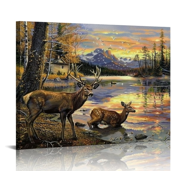 COMIO Deer Decor Wall Art Country Deer Pictures Wall Decor Canvas Prints Framed Artwork Paintings Elk Home Decorations for Bathroom Kitchen Living Room Bedroom