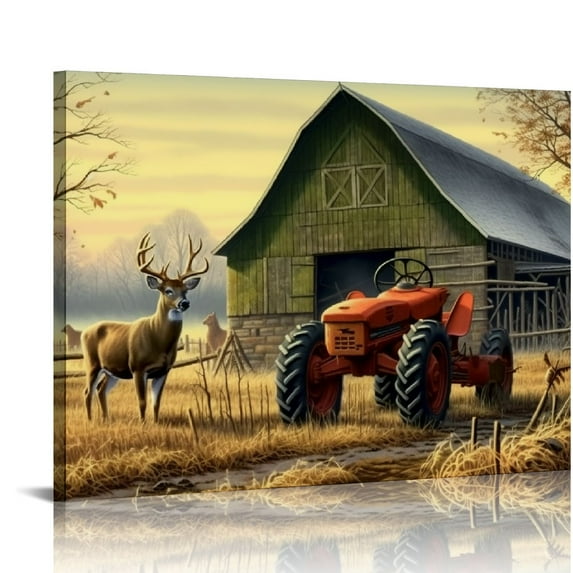 COMIO  Deer Wall Art for Living Room Canvas Prints Decor Decoration Deer Tractor Farm Wildlife Hunting Picture Glass Surface Artwork for Bedroom Home Office