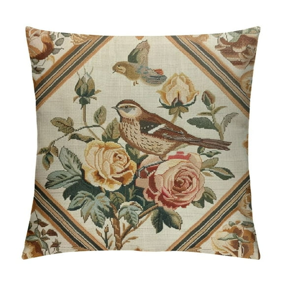 COMIO Designer Vintage Floral Throw Pillow Covers for Couch,Brown Pillowcases with Bird and Rose Pattern Decorative Square Cushion for Bed Living Room Outdoor Cafe Car