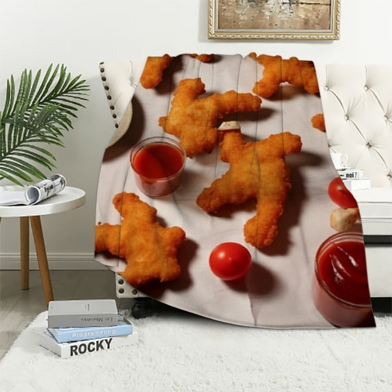 COMIO Dinosaur Chicken Nugget Blanket - Soft, Fuzzy & Warm - Flannel Throw Blankets for Travel, Office - White Novelty Throws Gift for Boys, Girls