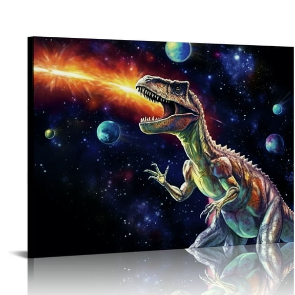 COMIO Dinosaur Decor Wall Art for Boy's Room Dinosaur Pictures Universe Space Decor Canvas Painting Framed Artwork for Living Room Bedroom 20x16in