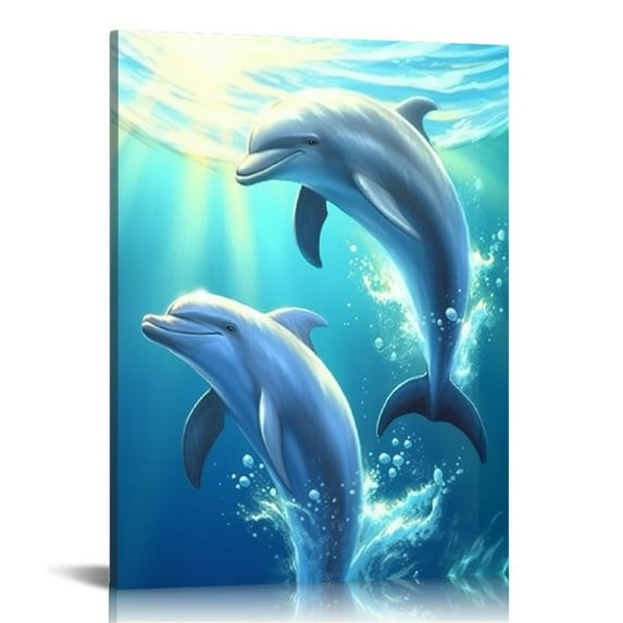 COMIO Dolphin Canvas Wall Art Cute Dolphins Playing Under Sea with Sunshine Picture Printing Artwork for Living Room Bedroom Bathroom Wall Decor,Stretched and Framed