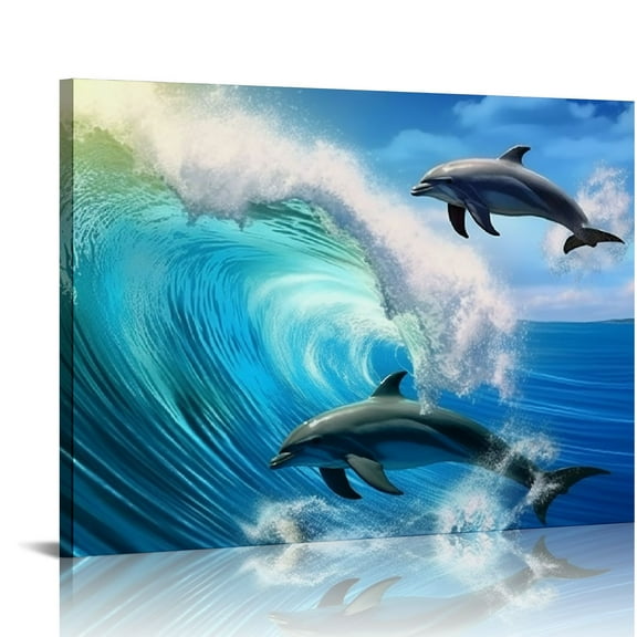COMIO  Dolphin Wall Art Blue Ocean Jumping Dolphins Animal Bathroom Decor Painting Picture Prints on Canvas Framed Home Wall Decoration