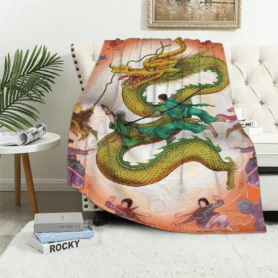 COMIO Dragon Duvet Cover Set, Chinese Dragon with Martial Arts Japanese Samurai Yin Yang Picture Colorful Design, Decorativee Bedding Set with 1 Pillow Sham, Twin Size, Orange Seafoam