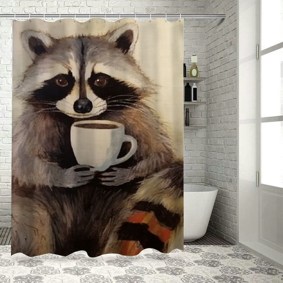 YANMS Durable and Washable Macro Watercolor Funny Raccoon Coffee Character Mammal Grey Colored Shower Curtain Multiple Sizes White