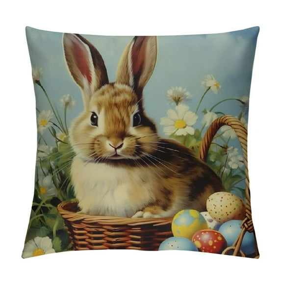 COMIO Easter Egg Throw Pillow Covers Set of Cottage core Bunny Basket Wildflower Plants Animal Shabby Brown Soft Washable Girl Kids Home Bedroom Dorm Sofa Bed Decoration Cushion Cover