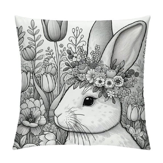 COMIO Easter Floral Tulip Garland Bunny Throw Pillow Cover, Spring Rabbit Holiday Cushion Case Decoration for Sofa Couch White