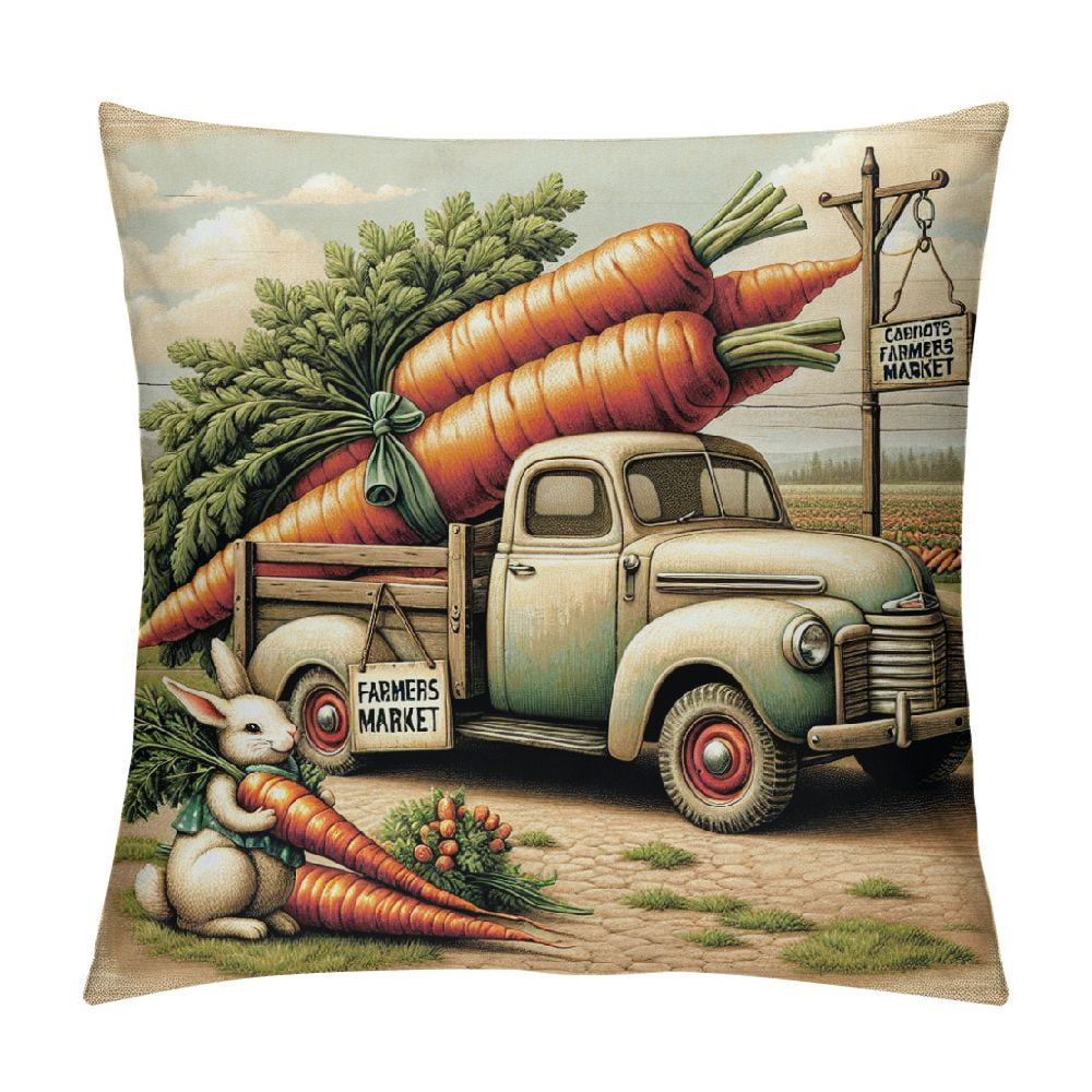 COMIO Easter Lumbar Pillow Cover Spring Farmhouse Bunny Truck Carrots