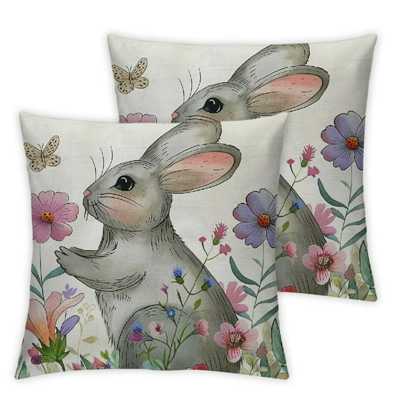 COMIO Easter Pillow Covers Watercolor Easter Floral Bunny Rabbit Spring Flowers Butterfly Easter Decorative Throw Pillow Cover Spring Easter Cushion Case Decorations for Sofa Couch 2pc
