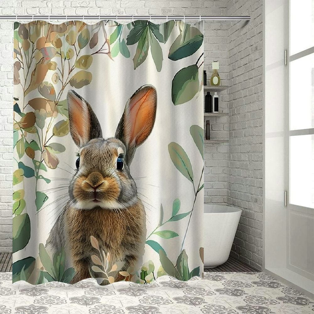 COMIO Easter Shower Curtain Rabbit Green Leaf Vine Spring Plant Nature