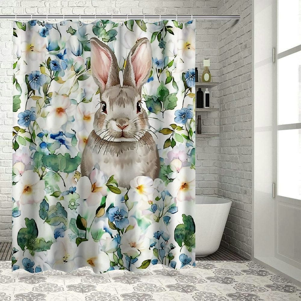 COMIO Easter Shower Curtain Set with Bunnies and Flowers, Happy Easter