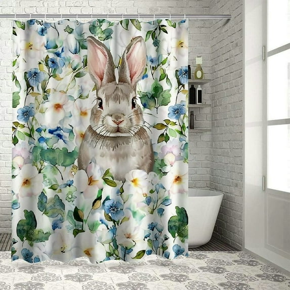 QZHH Easter Shower Curtain Set with Bunnies and Flowers, Happy Easter Bathroom Decor Set, Cute Bunny and Blue White Floral Green Eucalyptus Waterproof Bathroom Decor Set with Hooks