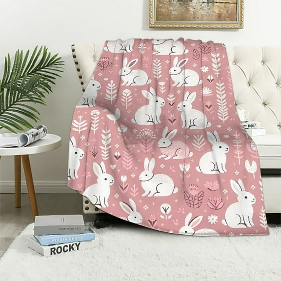 COMIO Easter Throw Blanket: Spring Bunnies and Flowers, Soft Cozy Velvet, Pink Blue White(Spring Bunny)