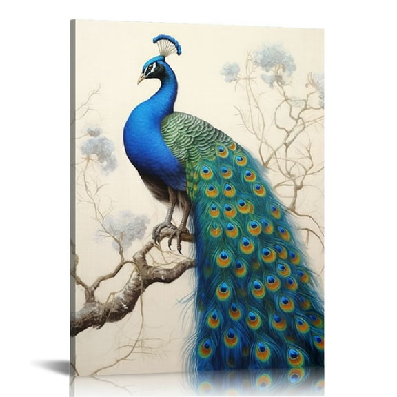 COMIO Elegant Peacock Wall Art Decor for Bedroom, Beautiful Painting Stretched Canvas Prints of Proud Animal on Beige Picture Artwork, Home Decoration Gallery Wrapped Gift, Inner Frame