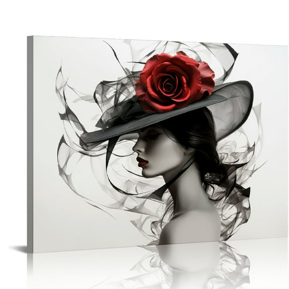 COMIO Elegant Woman Canvas Wall Art for Living Room Black White Red Rose Prints Modern Wall Decor Ready to Hang