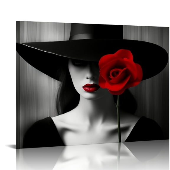 COMIO Elegant Woman Canvas Wall Art for Living Room Black White Red Rose Prints Modern Wall Decor Ready to Hang