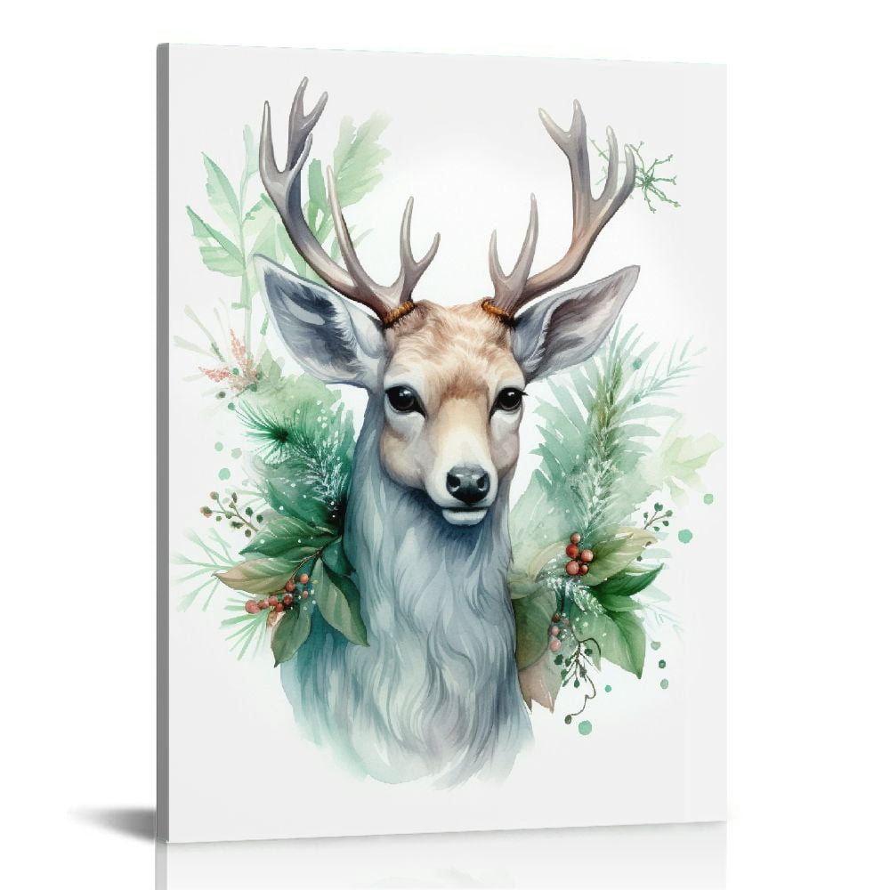 COMIO Elk Canvas Wall Art Christmas Deer Portrait Watercolor Rustic ...