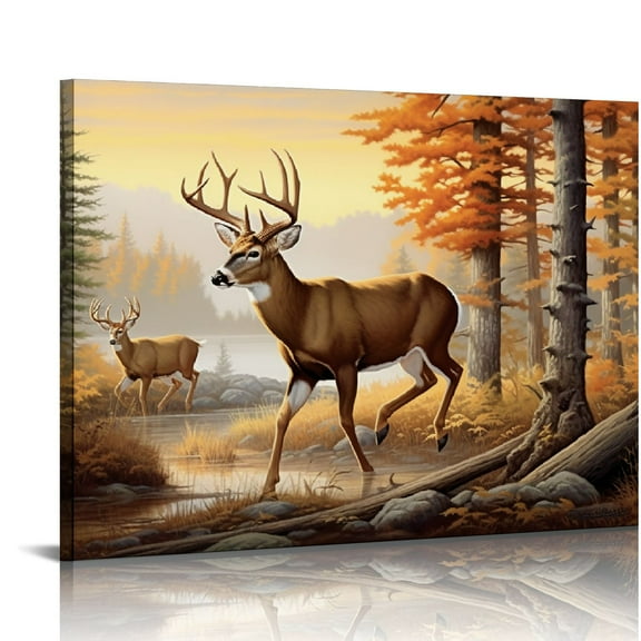 COMIO  Elk Deer Canvas Wall Art Forest Wild Animal Picture Abstract Maple Leaf Painting Nature Fall Scenery Poster Artwork for Kitchen Bathroom Bedroom Living Room Wall Decor (Elk Deer)